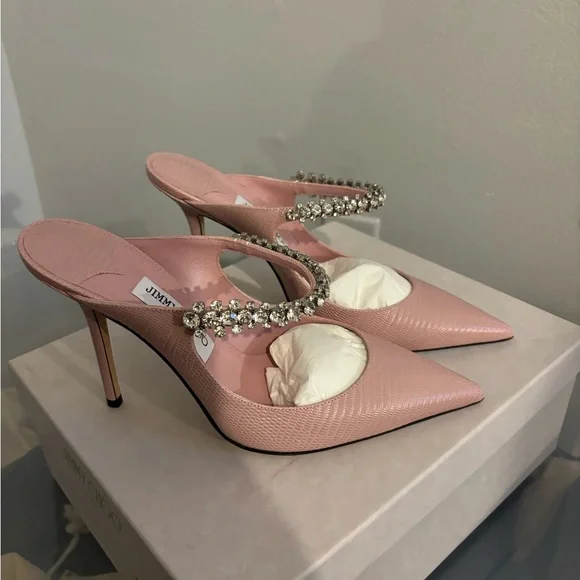 Jimmy Choo Bing pink lizard Crystal-Embellished Pointed Mules - Picture 1 of 7